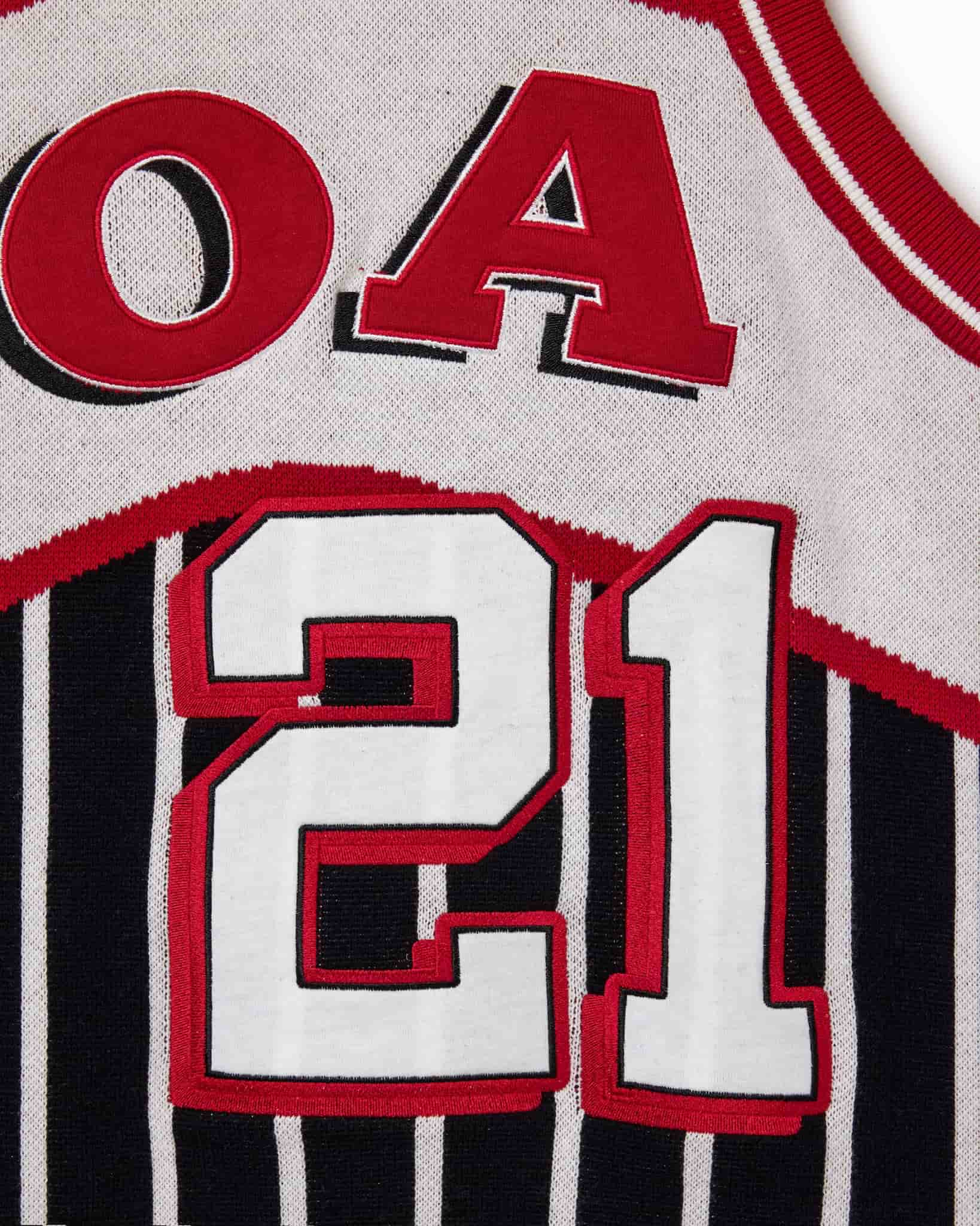 Wisdom Of Age Empire Basketball Jersey Black Pinstripe front close up view of jersey number 21