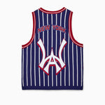 Wisdom Of Age Empire Basketball Jersey Blue Pinstripe back view with New York lettering and brand logo on white background