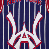 Wisdom Of Age Empire Basketball Jersey Blue Pinstripe black close up view on New York lettering and brand logo