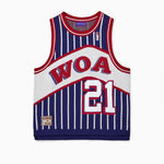 Wisdom Of Age Empire Basketball Jersey Blue Pinstripe front view with WOA letter and jersey number 21 on white background