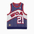 Wisdom Of Age Empire Basketball Jersey Blue Pinstripe front view with WOA letter and jersey number 21 on white background