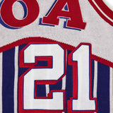 Wisdom Of Age Empire Basketball Jersey Blue Pinstripe front close up view of jersey number 21