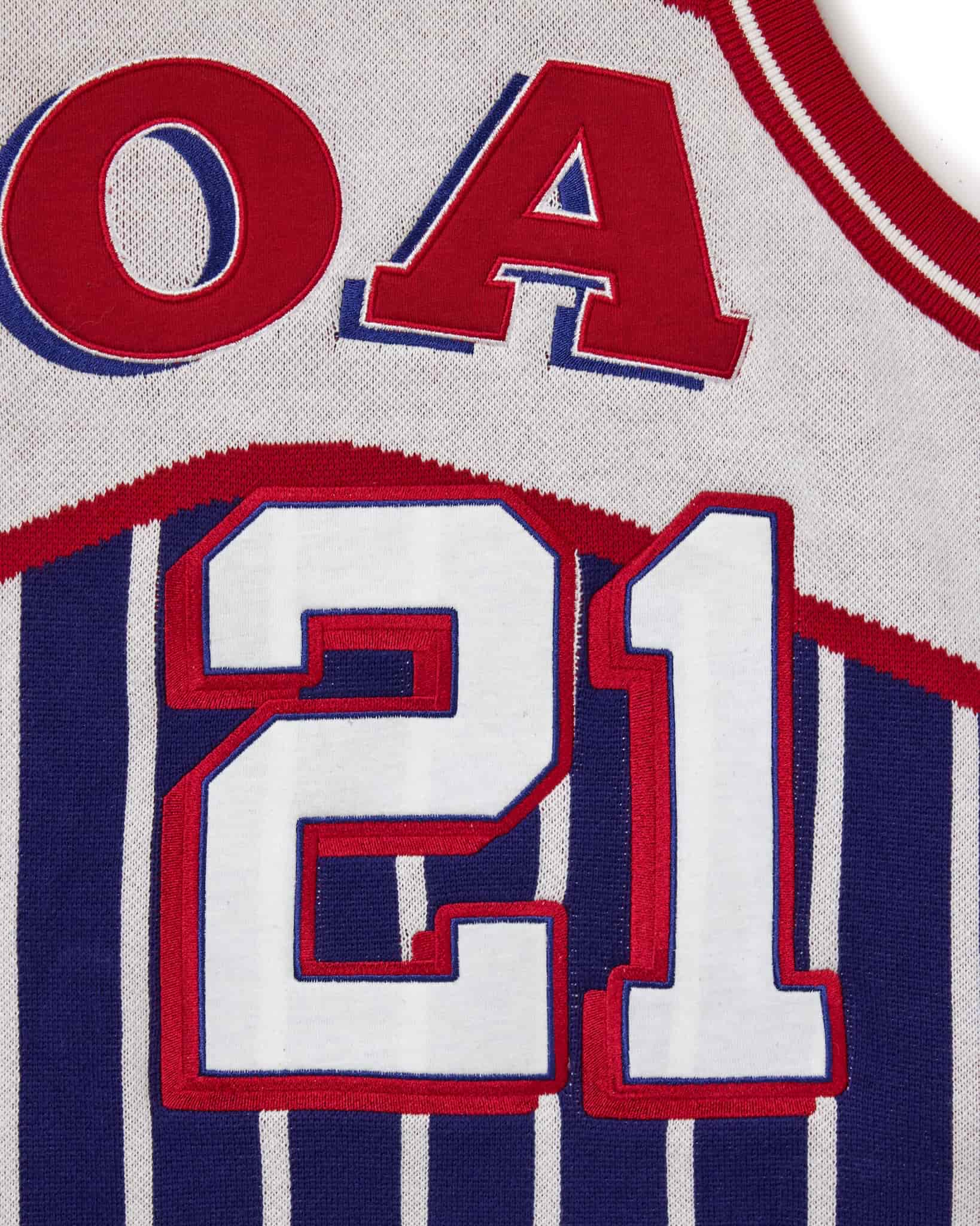 Wisdom Of Age Empire Basketball Jersey Blue Pinstripe front close up view of jersey number 21